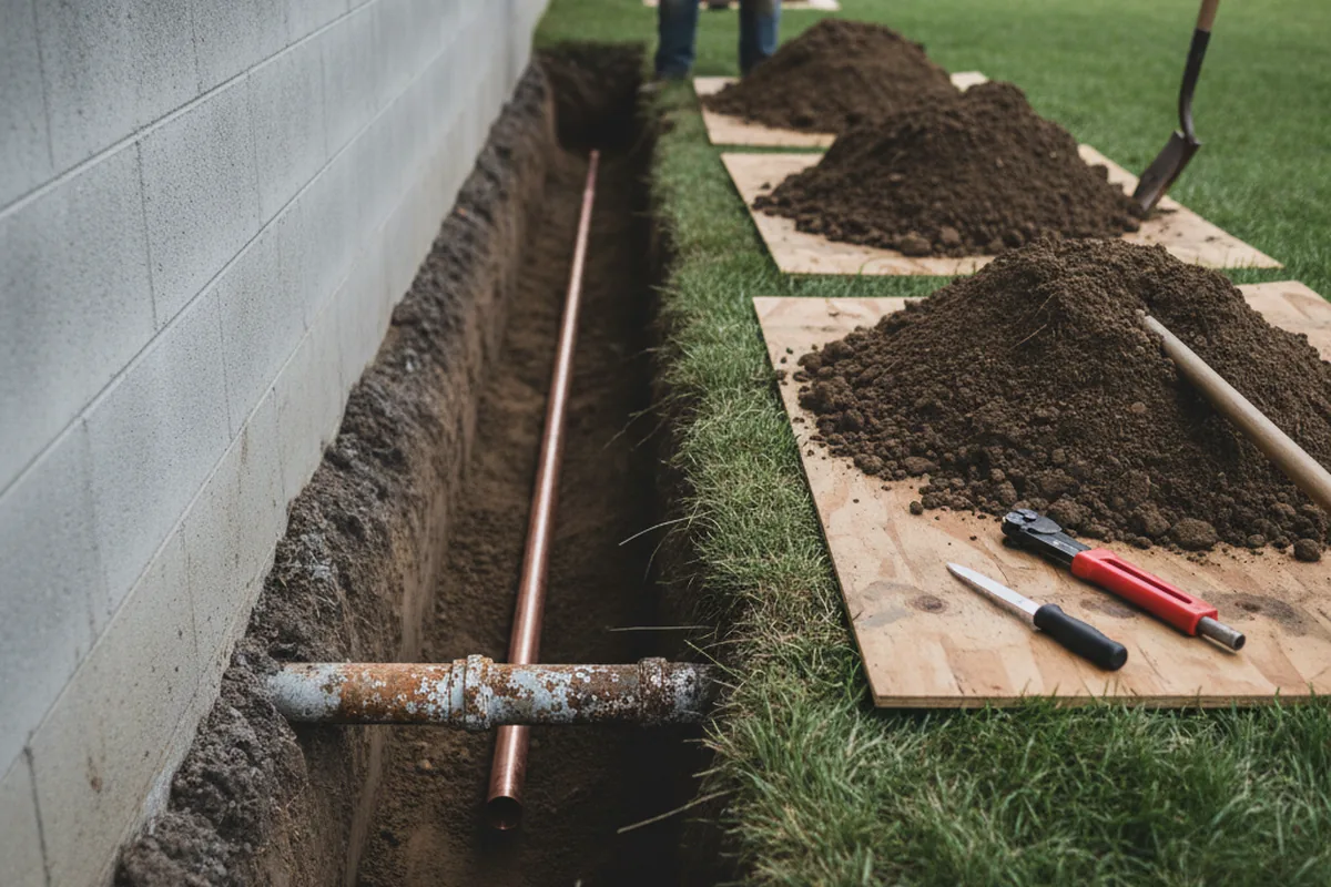 Excavated water line trench during Sewer Line Repair in Swanzey